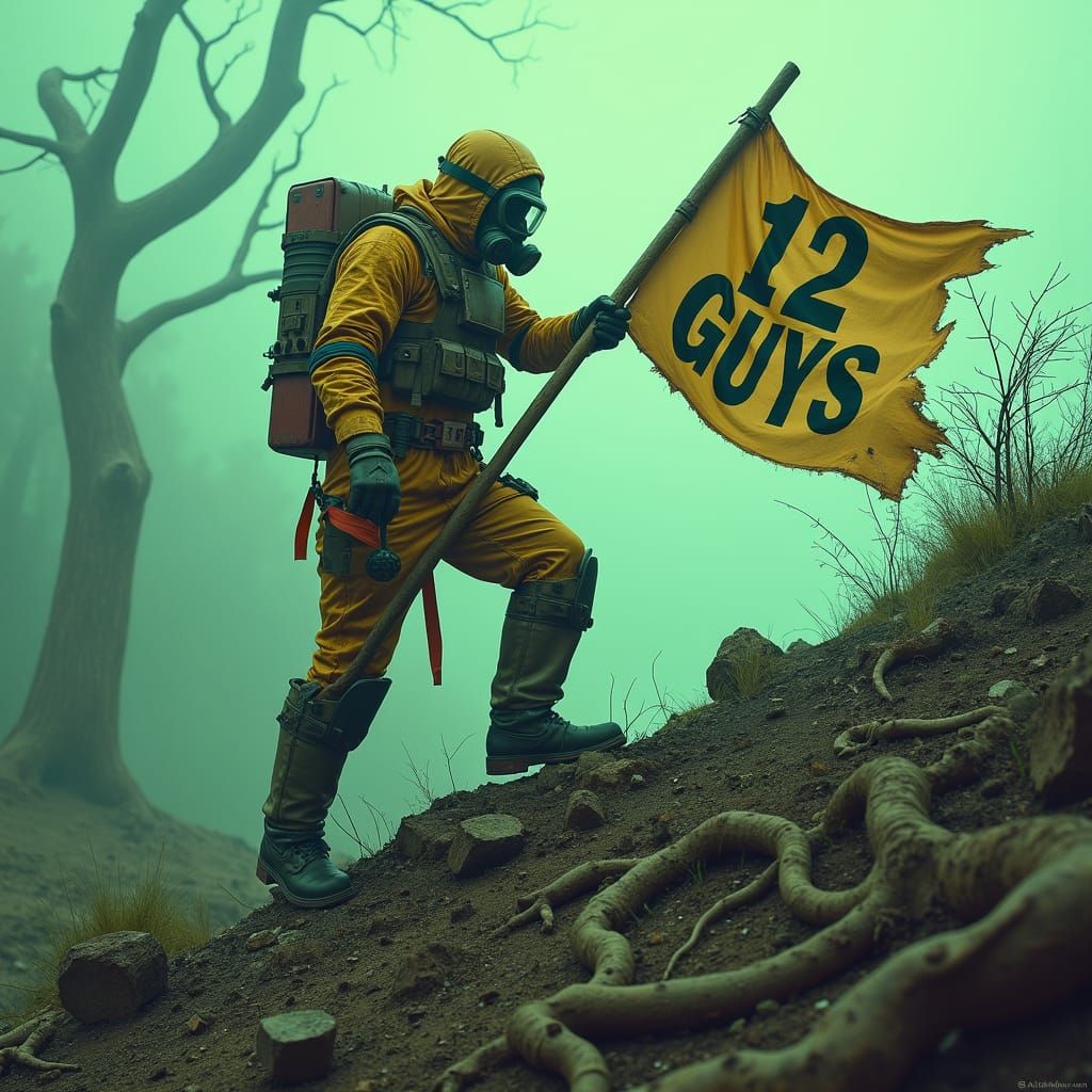 Hazmat Character Climbs Hill in Post-Apocalyptic Landscape