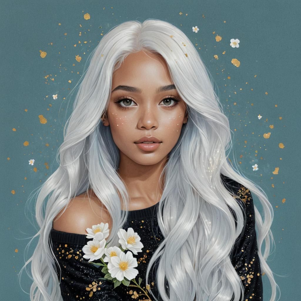 Woman with Vitiligo in Iridescent Floral Illustration