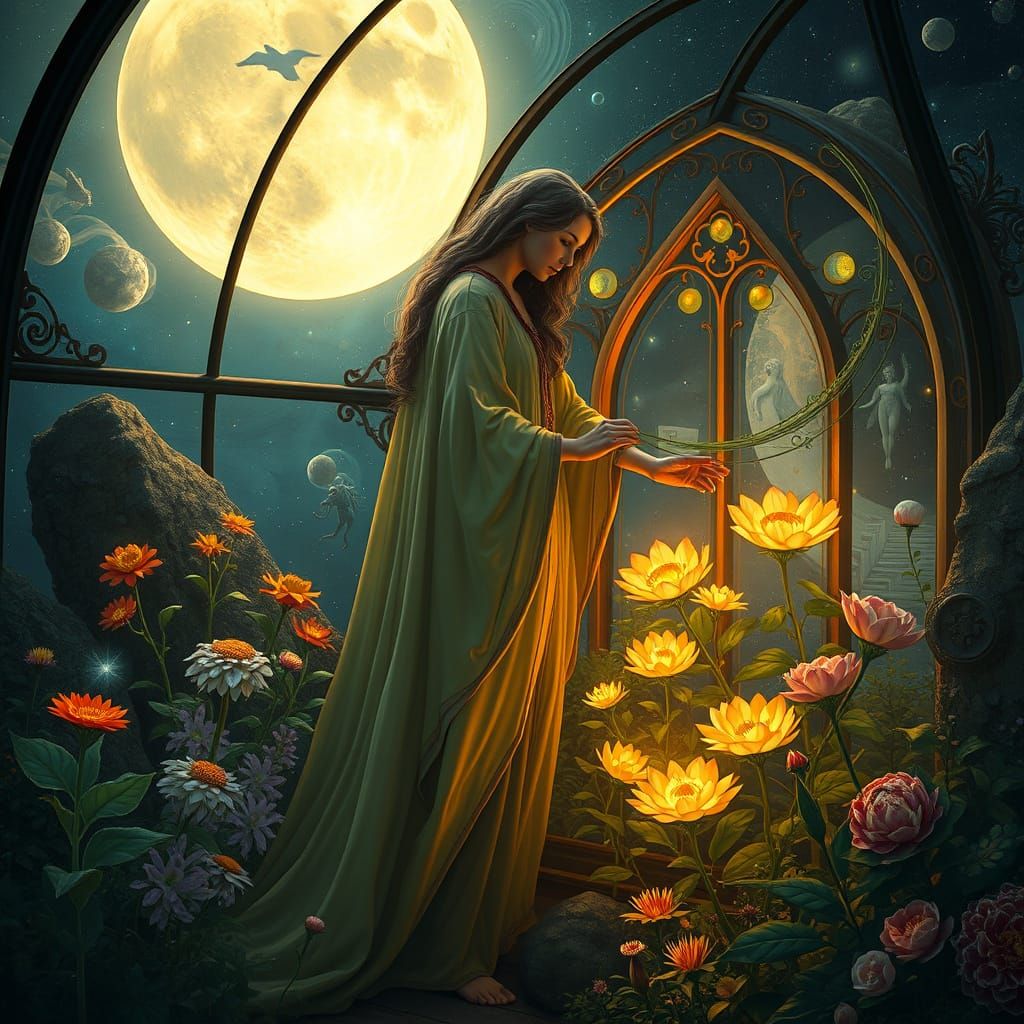 Celestial Gardener Cultivating Stardust Blooms in Art Nouvea...