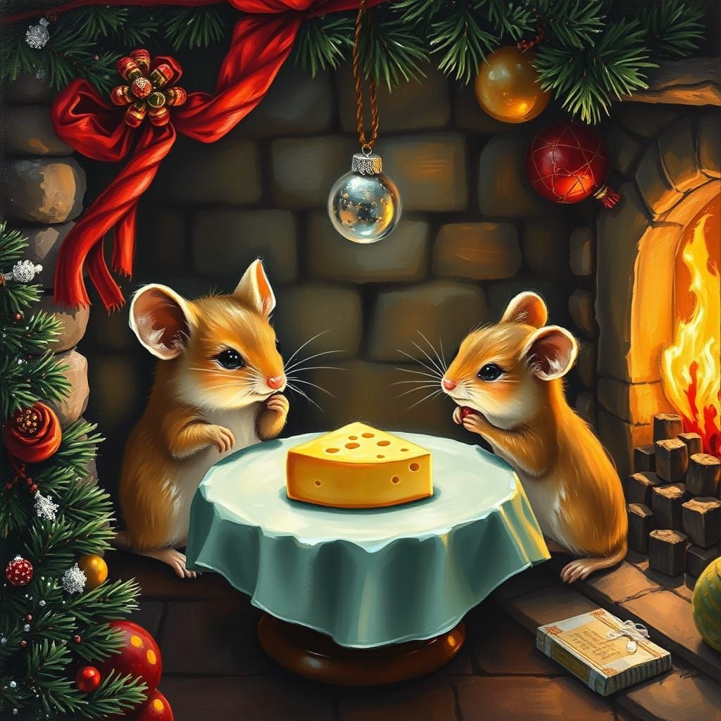 Whimsical Mouse Family Christmas Scene in Oil