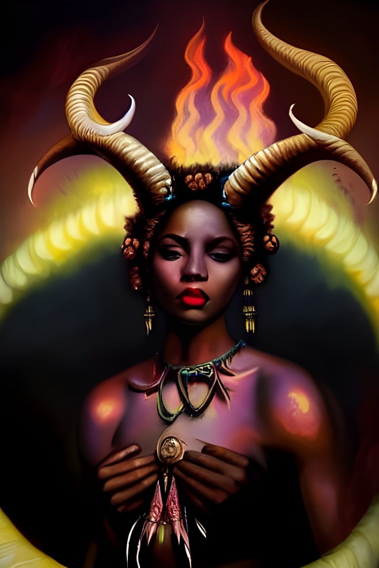 Fiery Black Goddess with Ram Horns Portrait