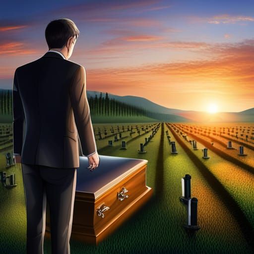 Funeral of Young Man at Sunset in Cemetery