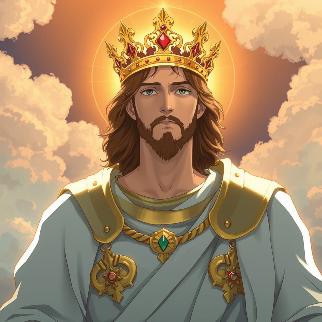 Jesus Christ in Golden Armor, Surrounded by Clouds and Light...