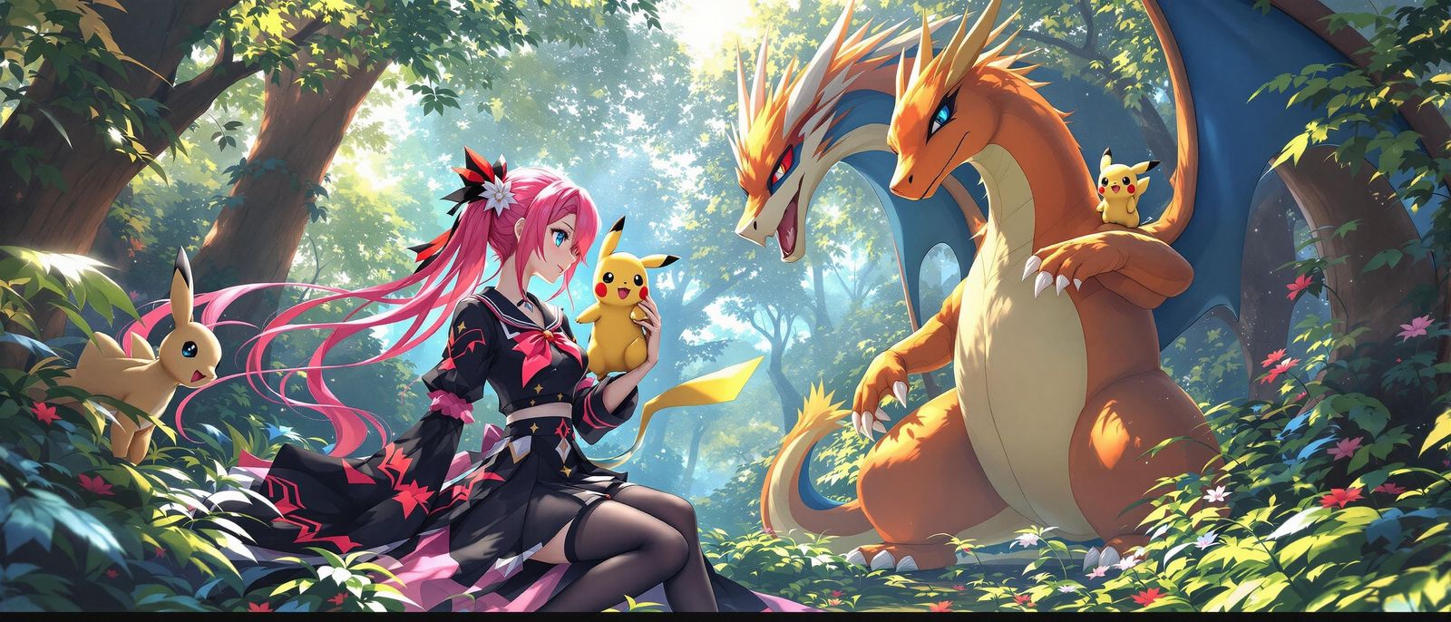 Anime-Inspired Sailor Girl with Pokémon in Viridian Forest