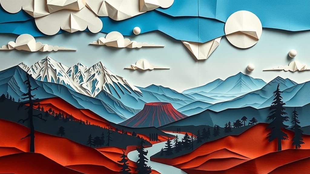 Metaphysical Landscape with Volcano and River in Folded Pape...