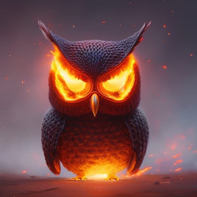 Knitted Robot Fire Owl Digital Art Portrait