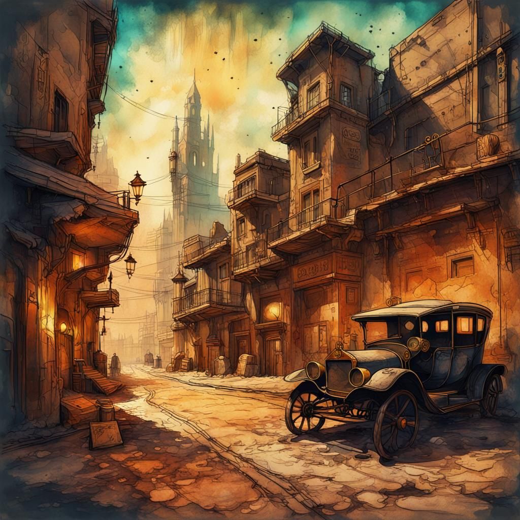 Desert City in Steampunk Ink Painting Style