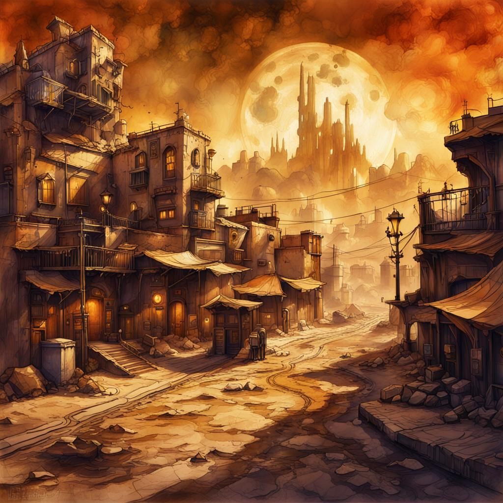 Steampunk Desert City in Modern Ink Painting Style