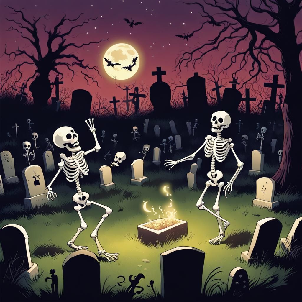 Skeletons' Moonlight Dance Party in Graveyard, Sinister Styl...