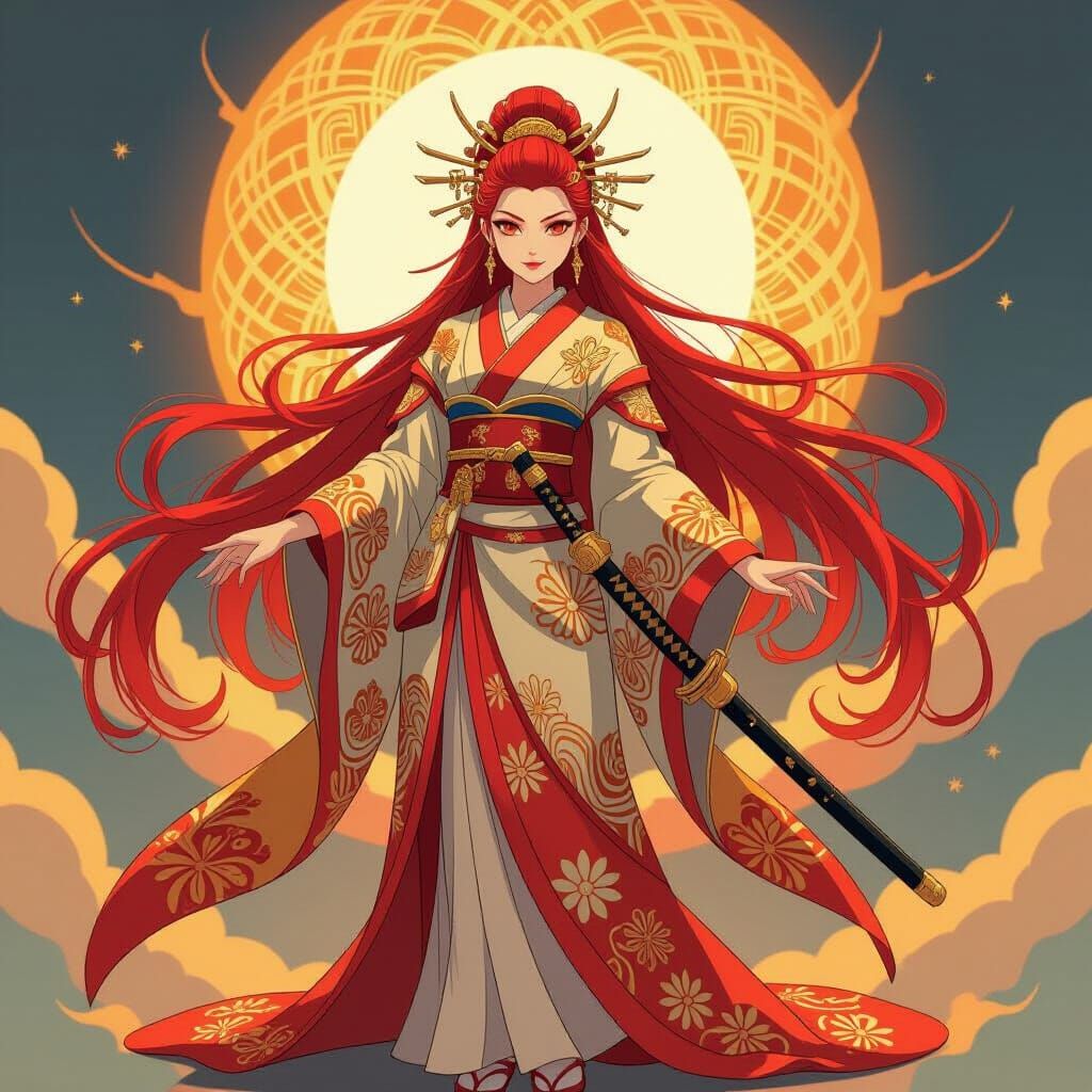Amaterasu: Radiant Anime Sun Goddess with Fiery Hair