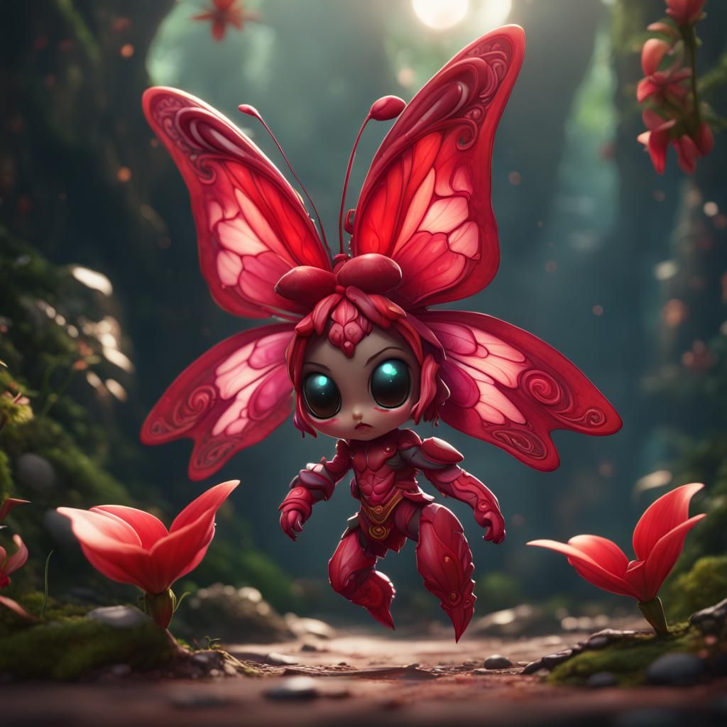 Chibi Red Orchid Butterfly in Detailed Digital Painting
