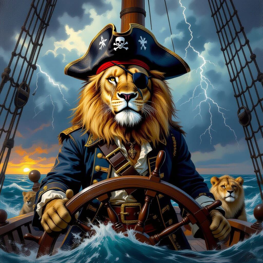 Lion Pirate Captain Amidst Stormy Seas, Oil Painting
