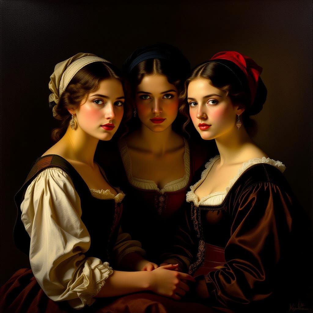 Sisters in Vermeer & Rembrandt Style Oil Painting