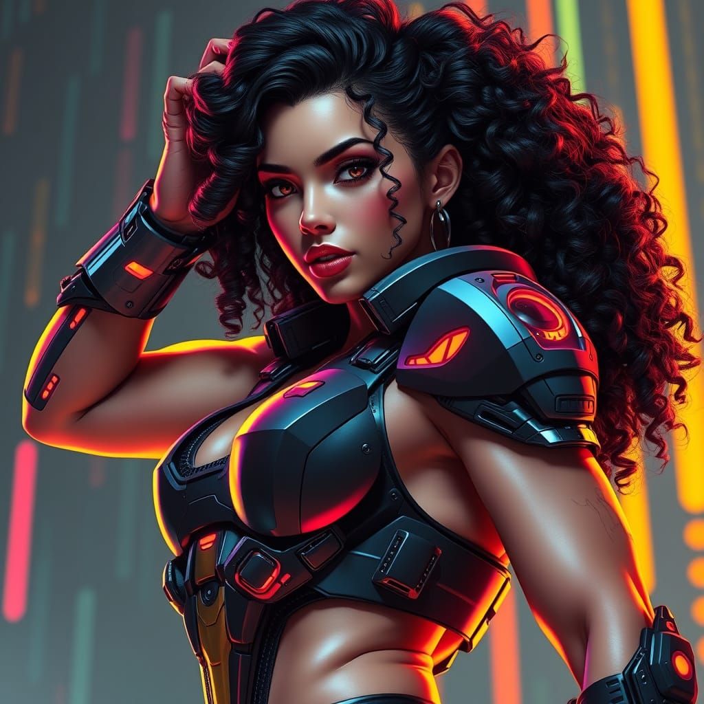 Heroic Woman in Cyberpunk Body Armor