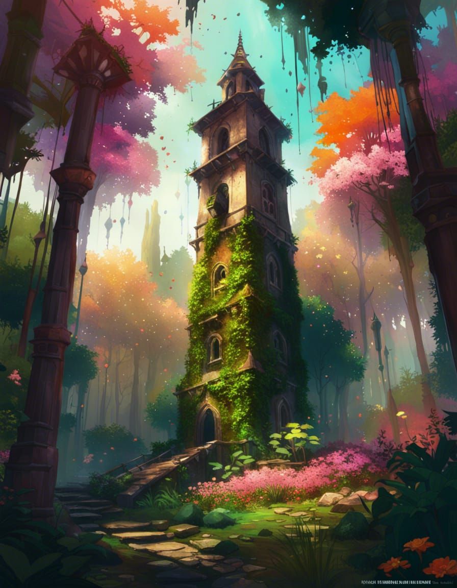 Lush Forest Bell Tower in Fantasy Style