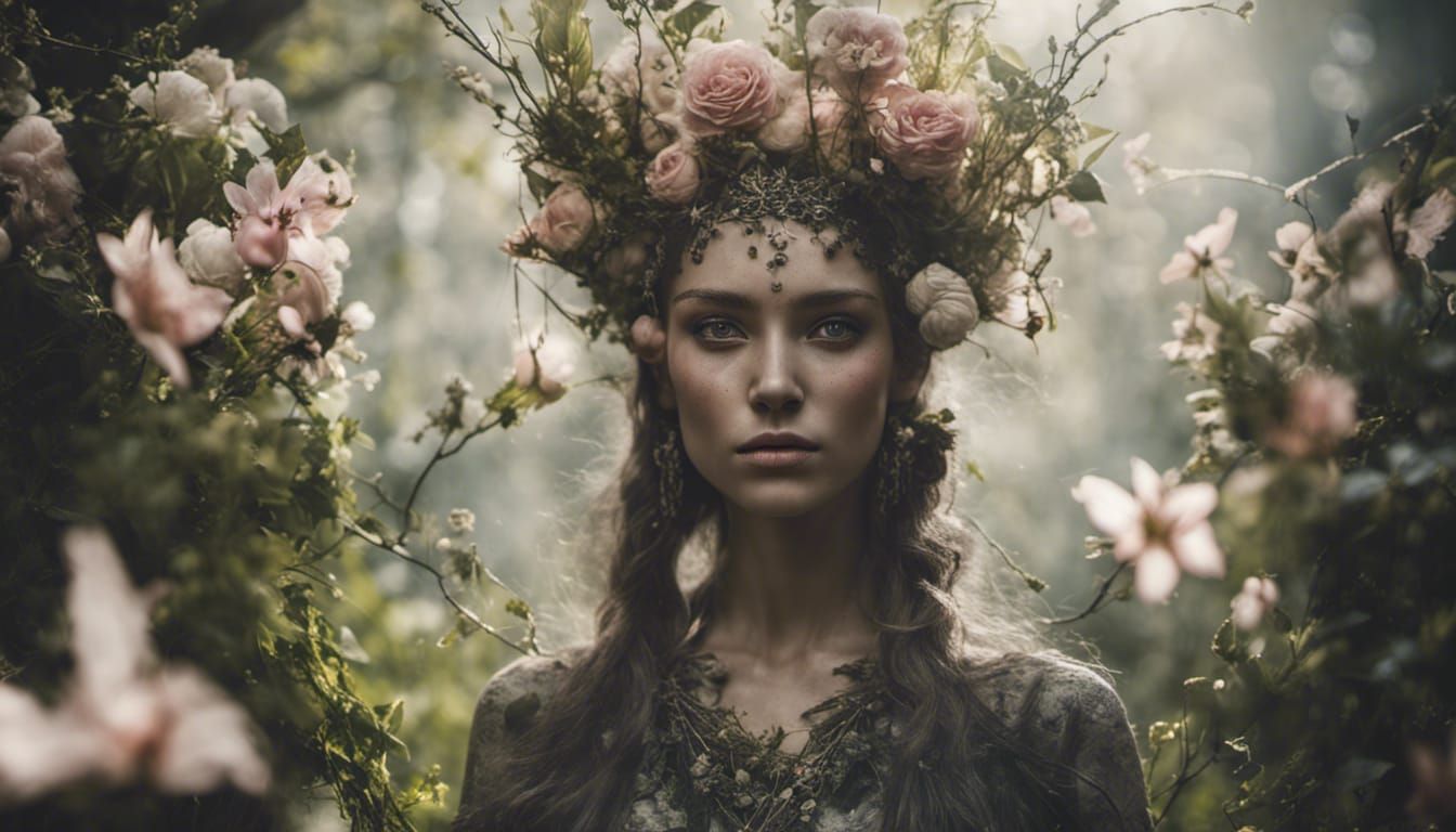 an ethereal elven queen with beautiful flowers