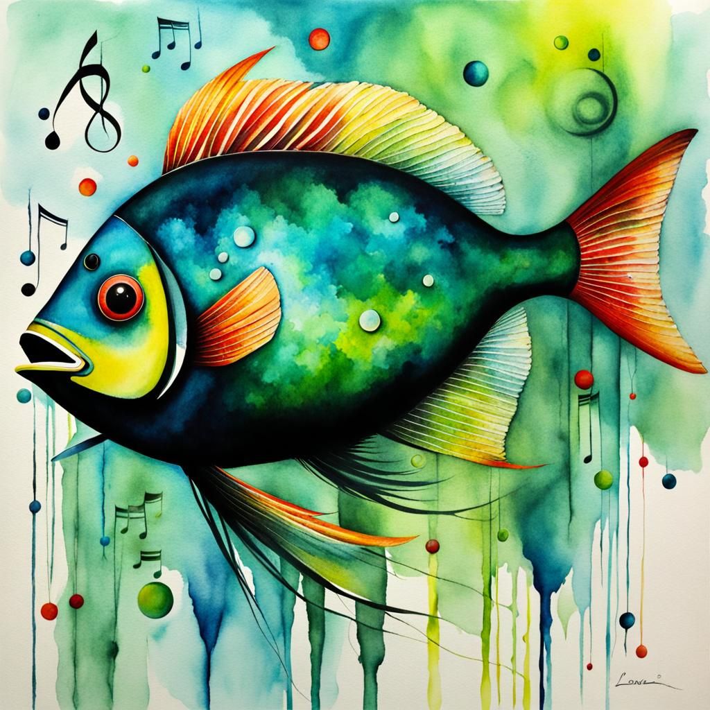Eclectic Teal Fish in Surreal Watercolour World