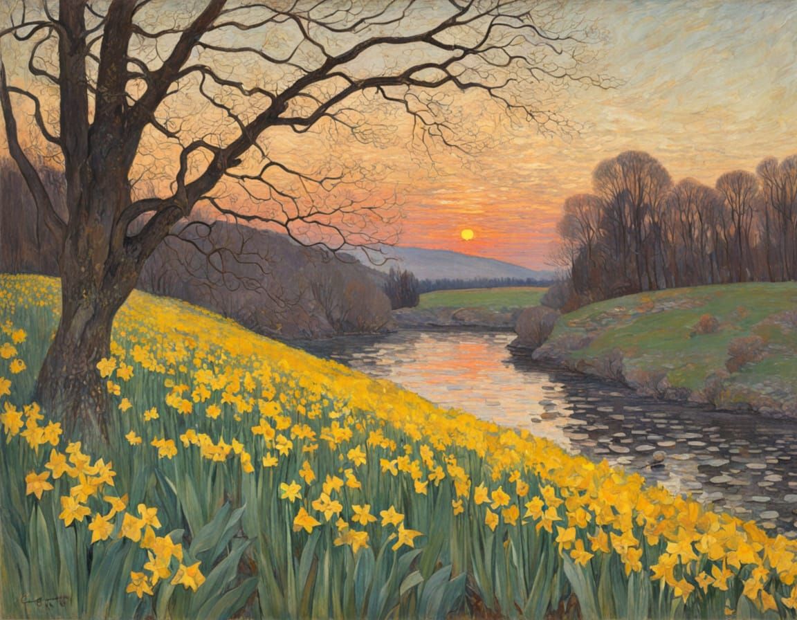Wild Daffodils in a Vibrant Sunset Landscape