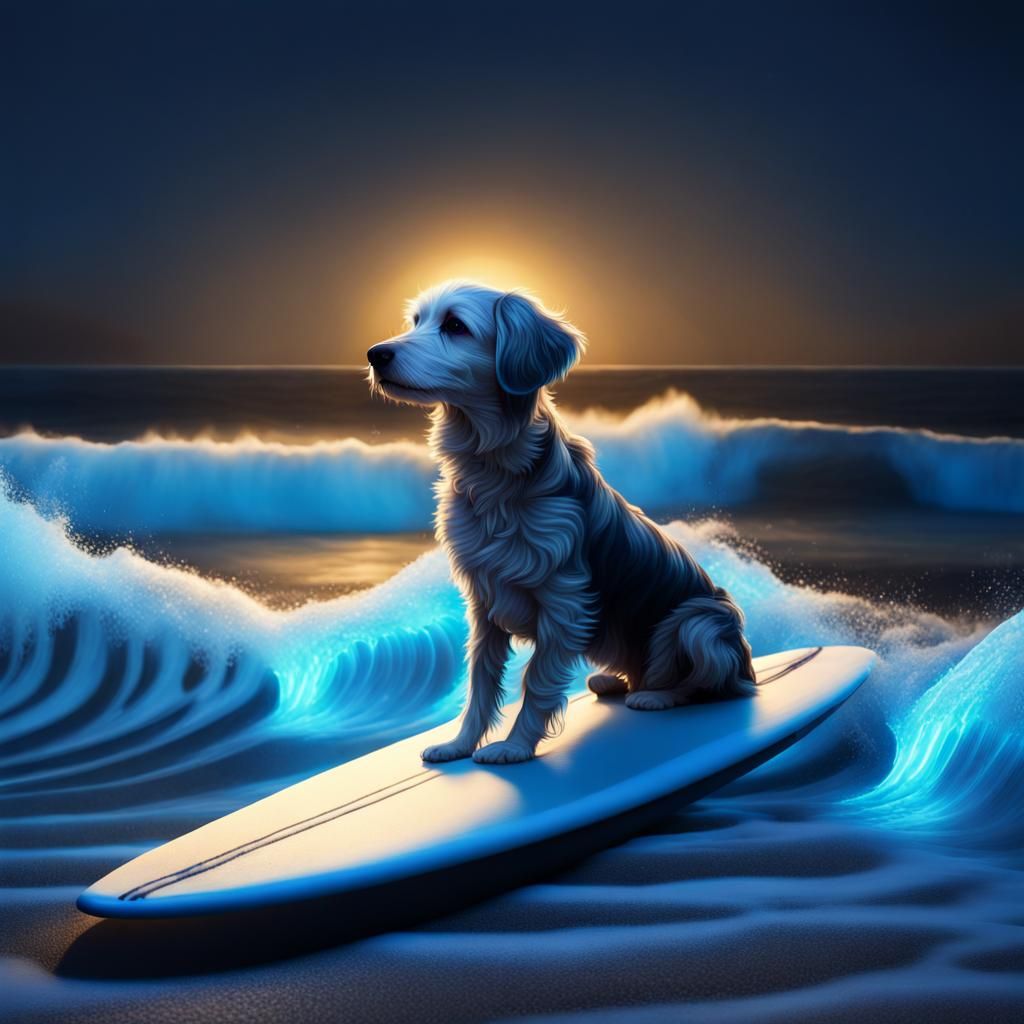 Dog Surfing Bioluminescent Wave at Night in 8k