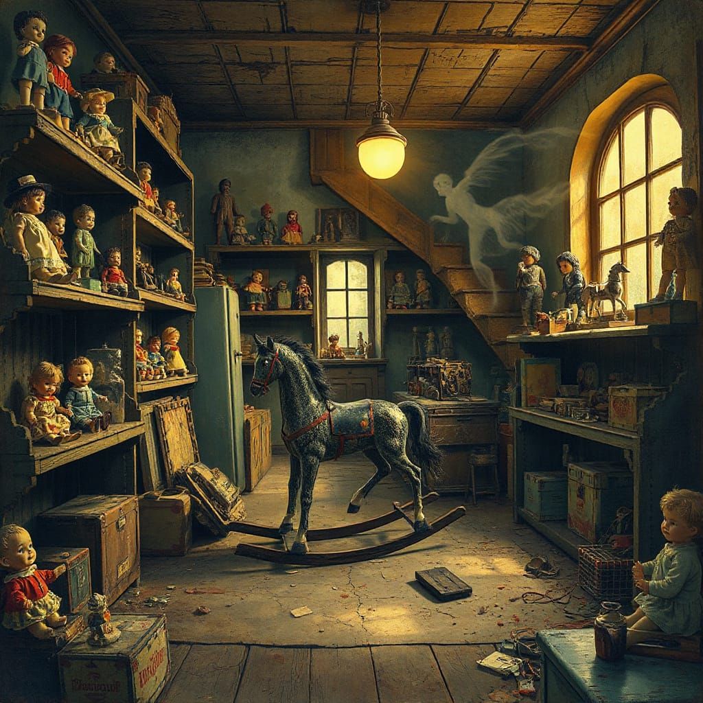 Eerie Vintage Toy Store Illustration in Golden Age Style