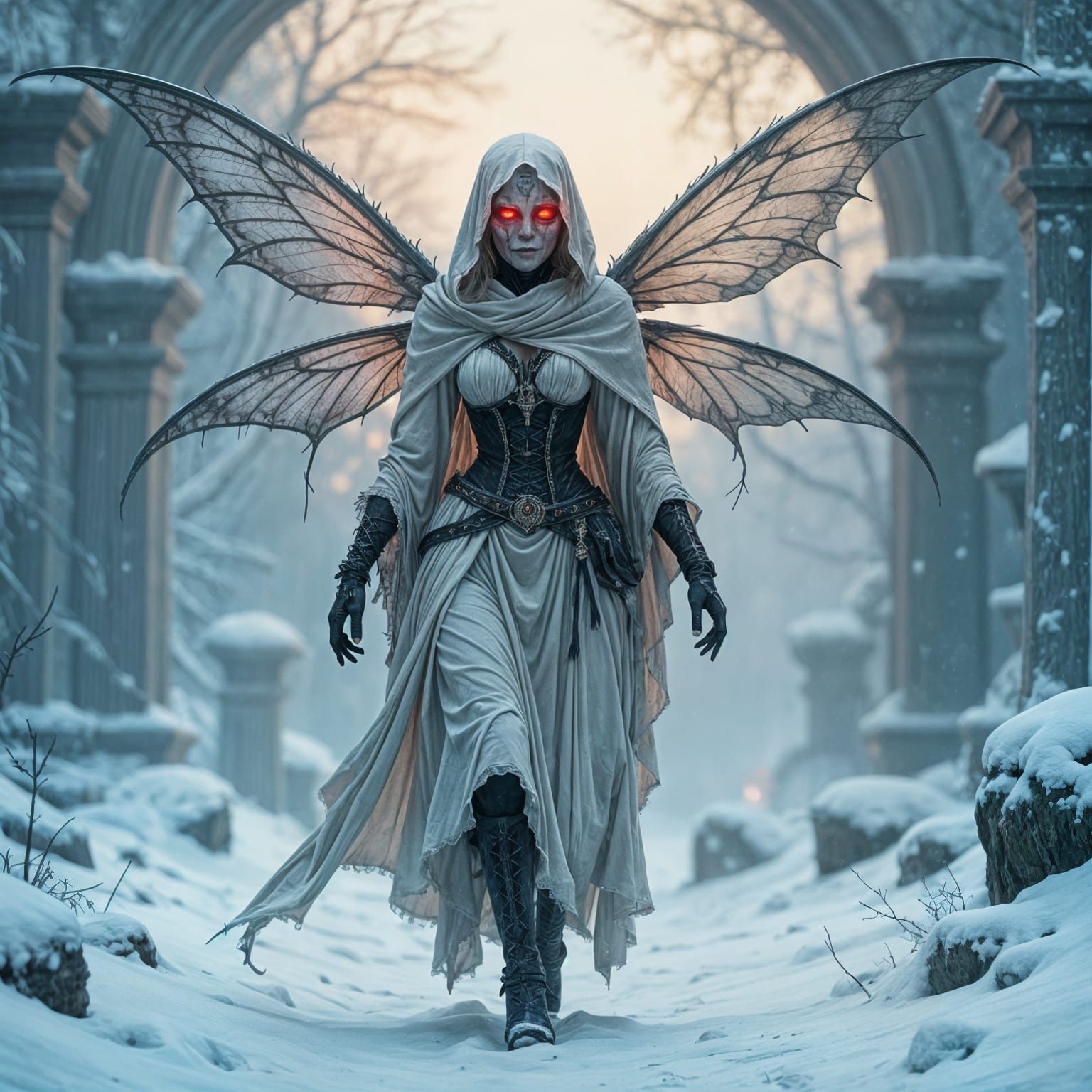 Skeletal Bone Orchard Fairy in Gothic Horror Style