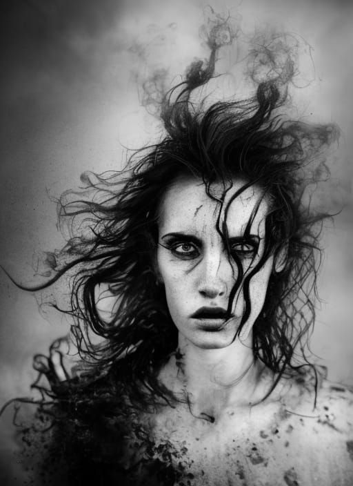 Intense Female Demon Portrait in Black and White