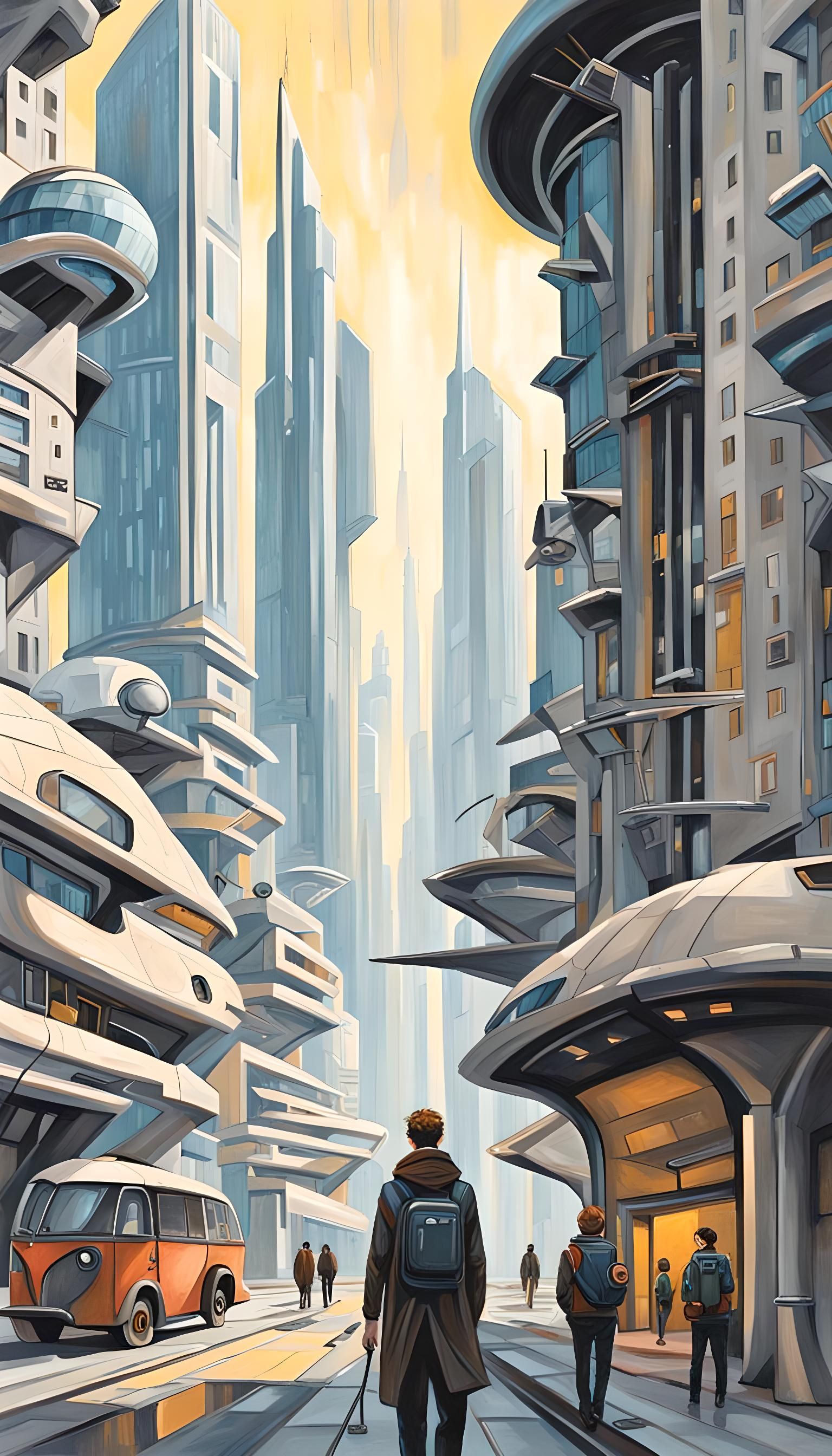 Time Traveler Arrives in Futuristic Gouache City