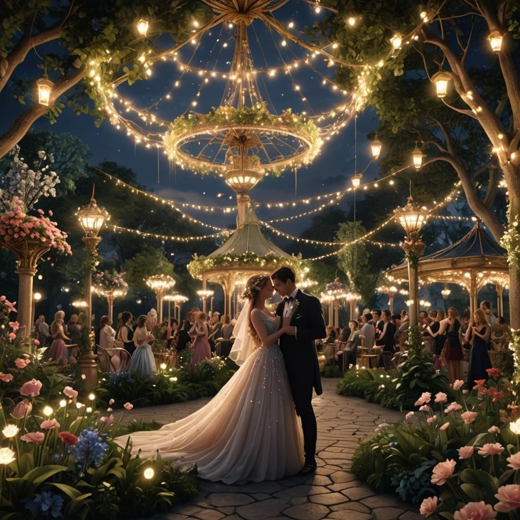 An elegant scene capturing a mystical midnight garden gala w...