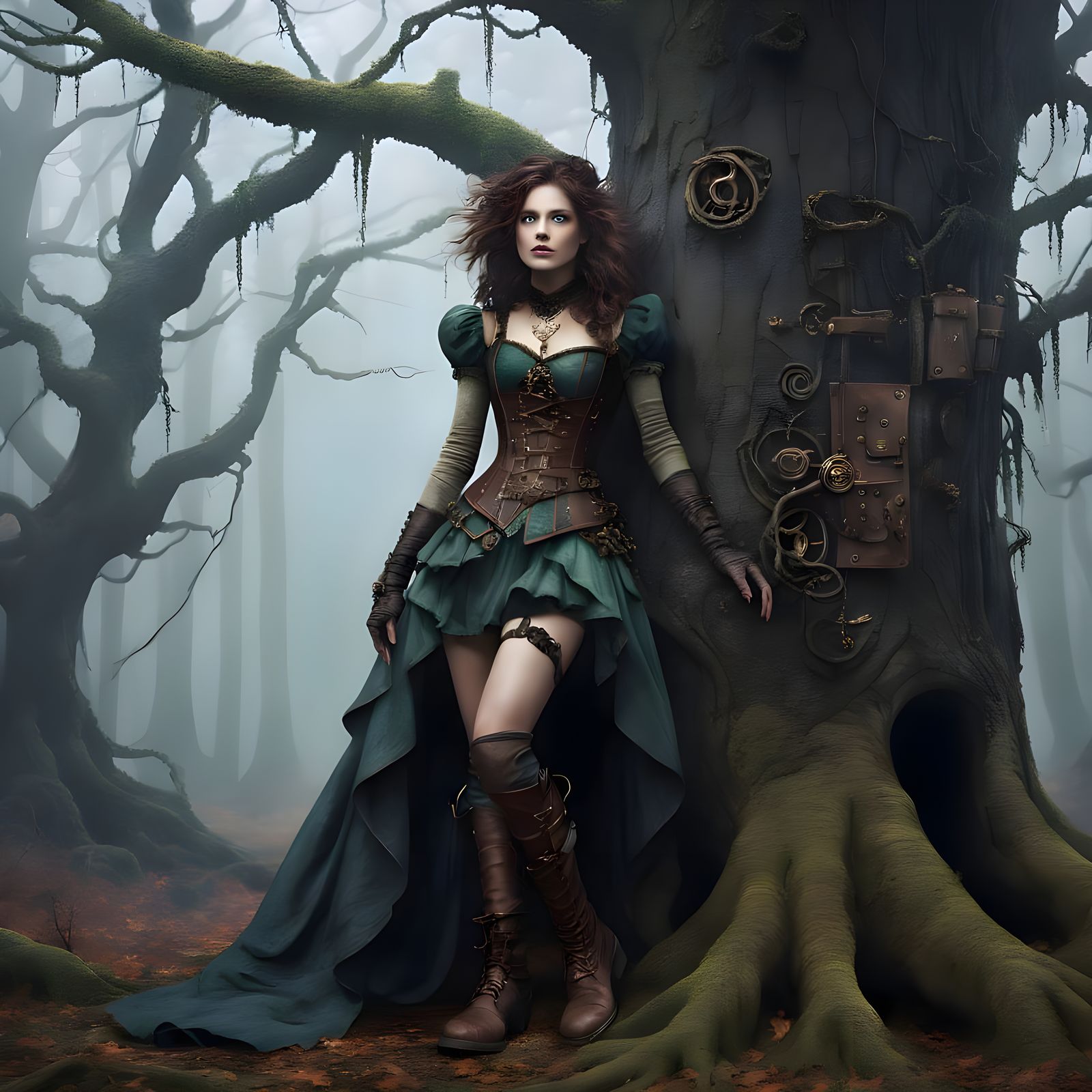 Steampunk Siren Emerging from the Shadows