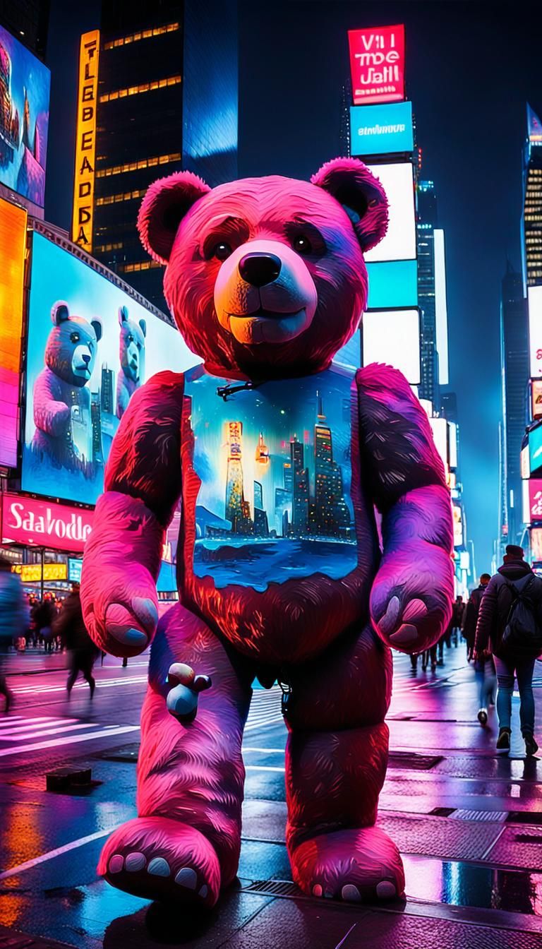 Surreal Teddy Bear in Times Square at Night