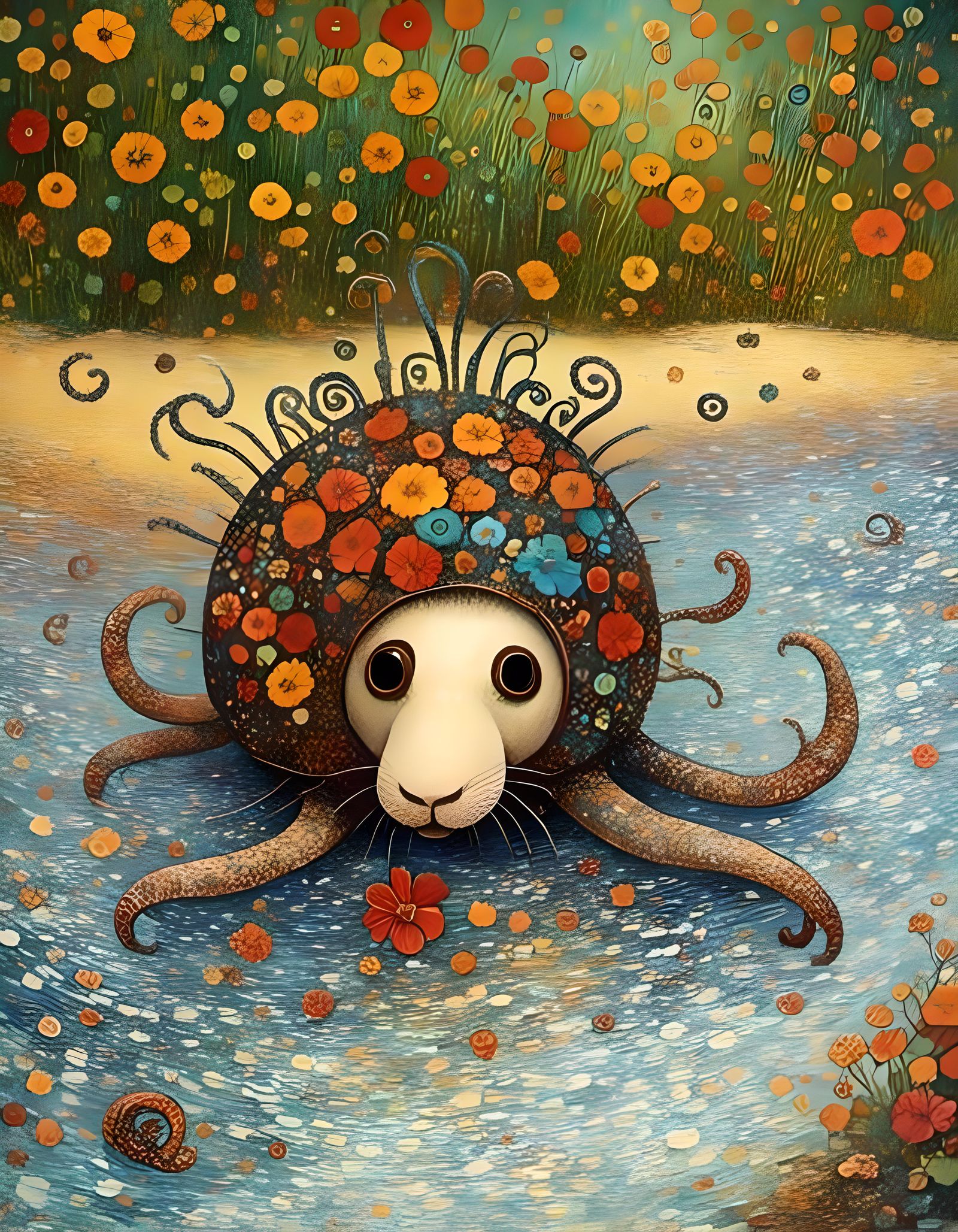 Dog on Tropical Beach in 70s Style