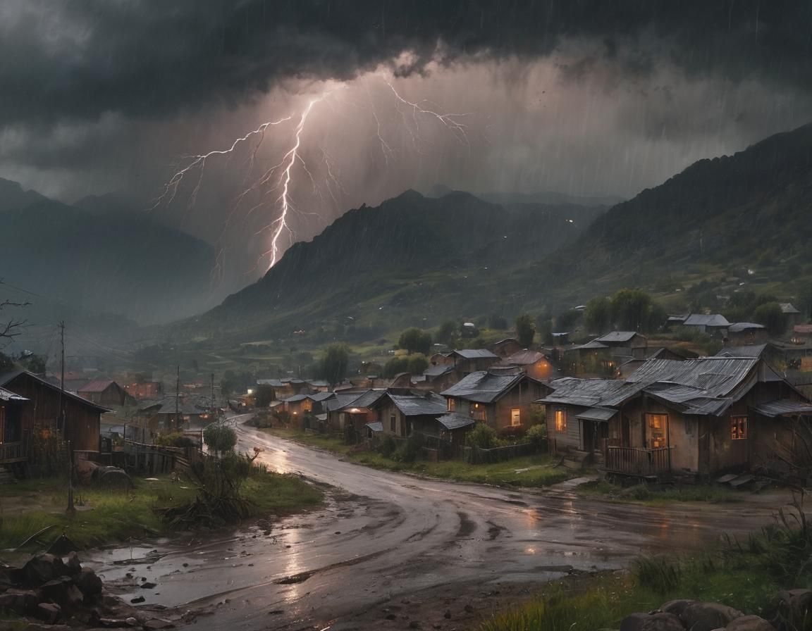 Hyperrealistic Village Stormscape in Vast Impressionist Canv...