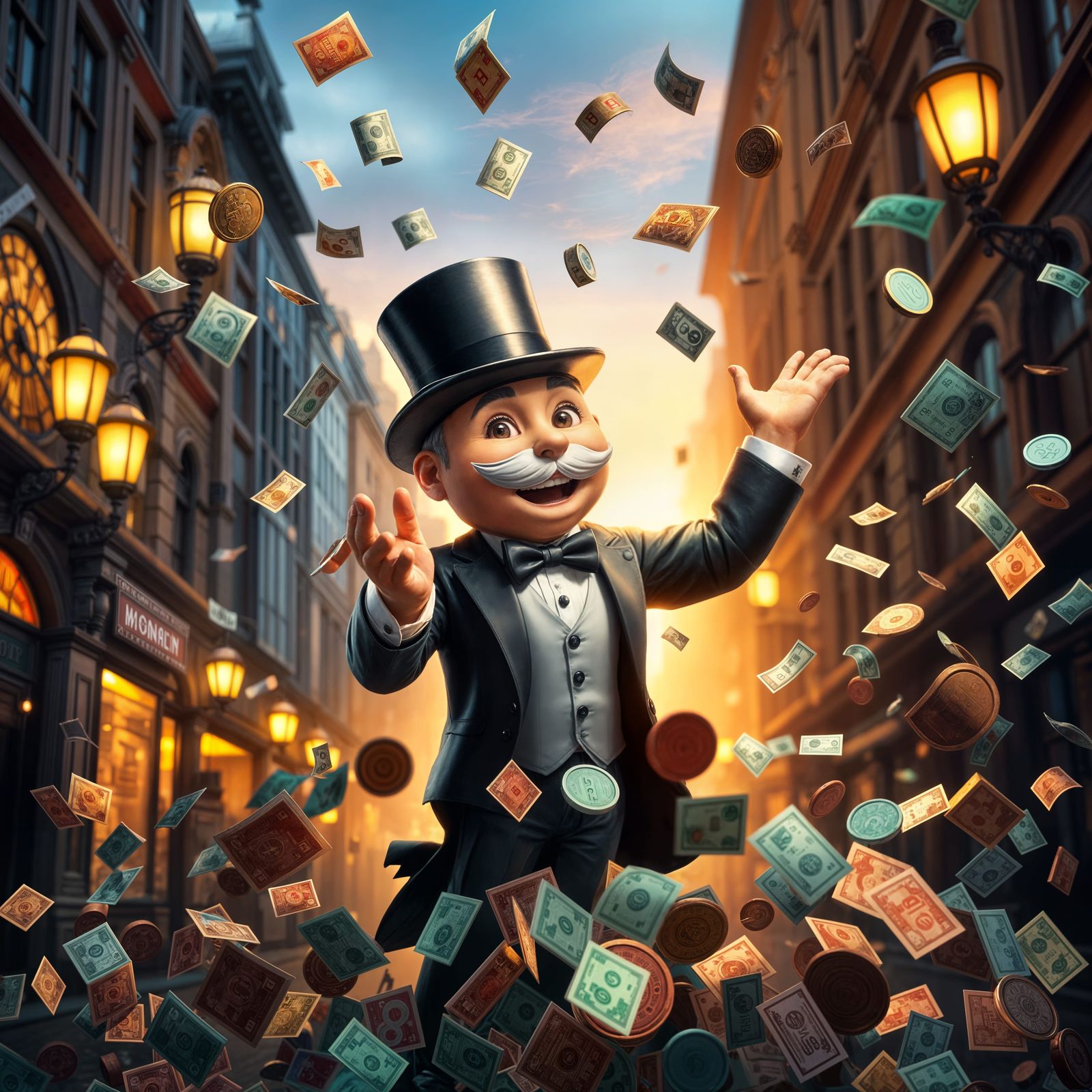 Rich Fantasy King in Mid-Air Money Splash