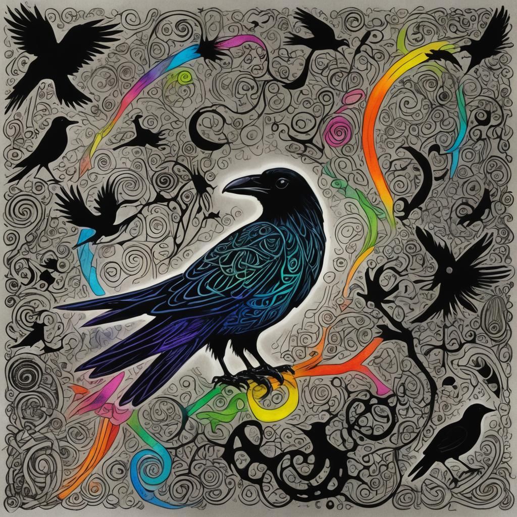 Celtic Knotwork Raven Silhouette in Crayon Style