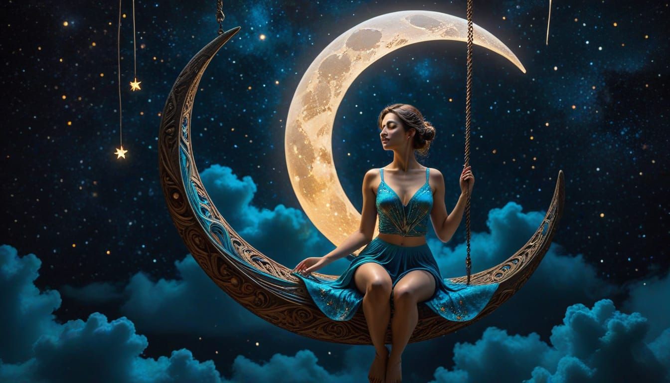 Zen Woman on Moon Swing in Starry Night