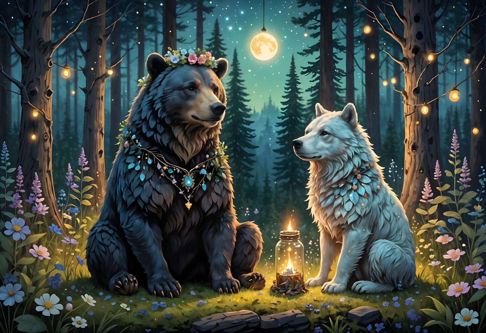 Bear and Wolf Friends in Enchanted Forest Twilight