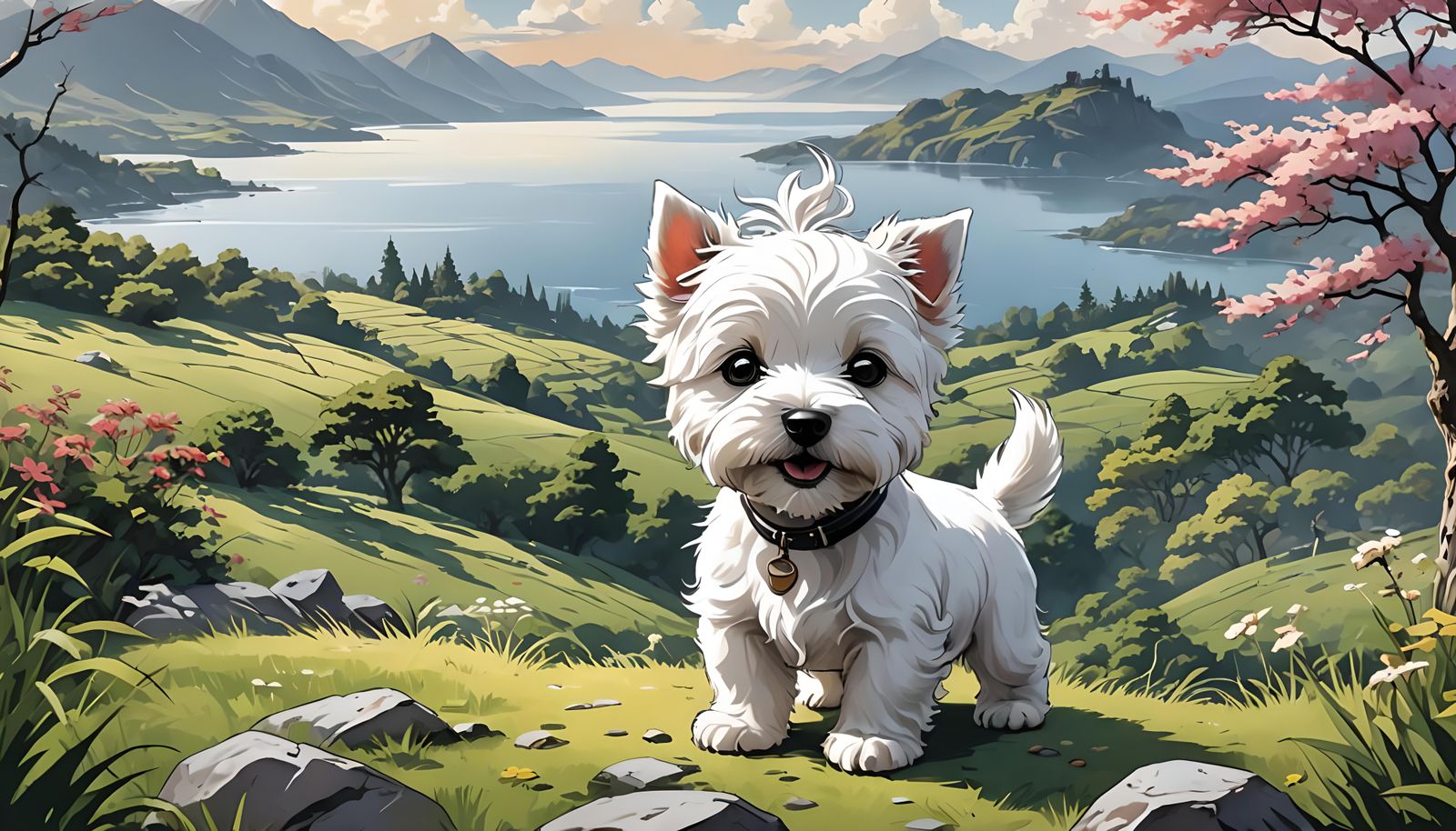 Adorable Westie Puppy Playing: Anime Style Landscape