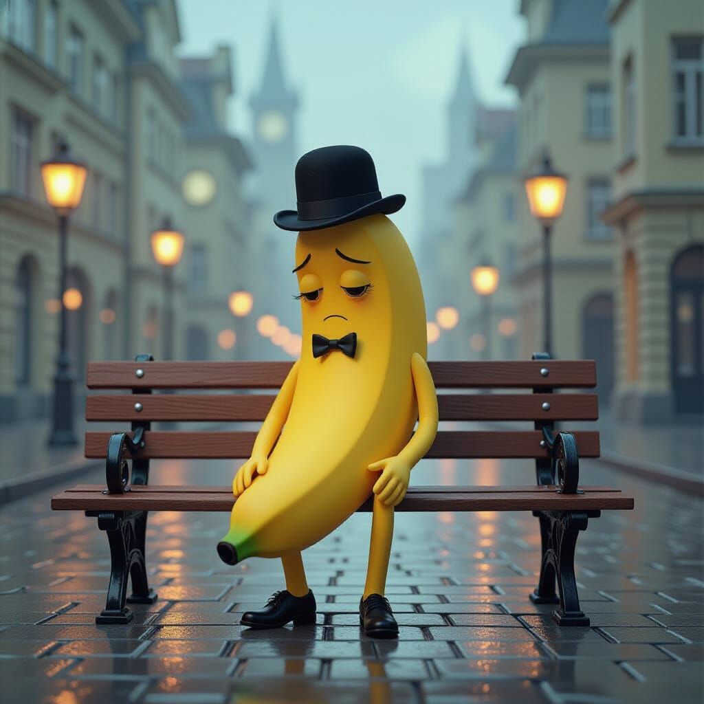 Melancholic Banana in Surreal Cityscape