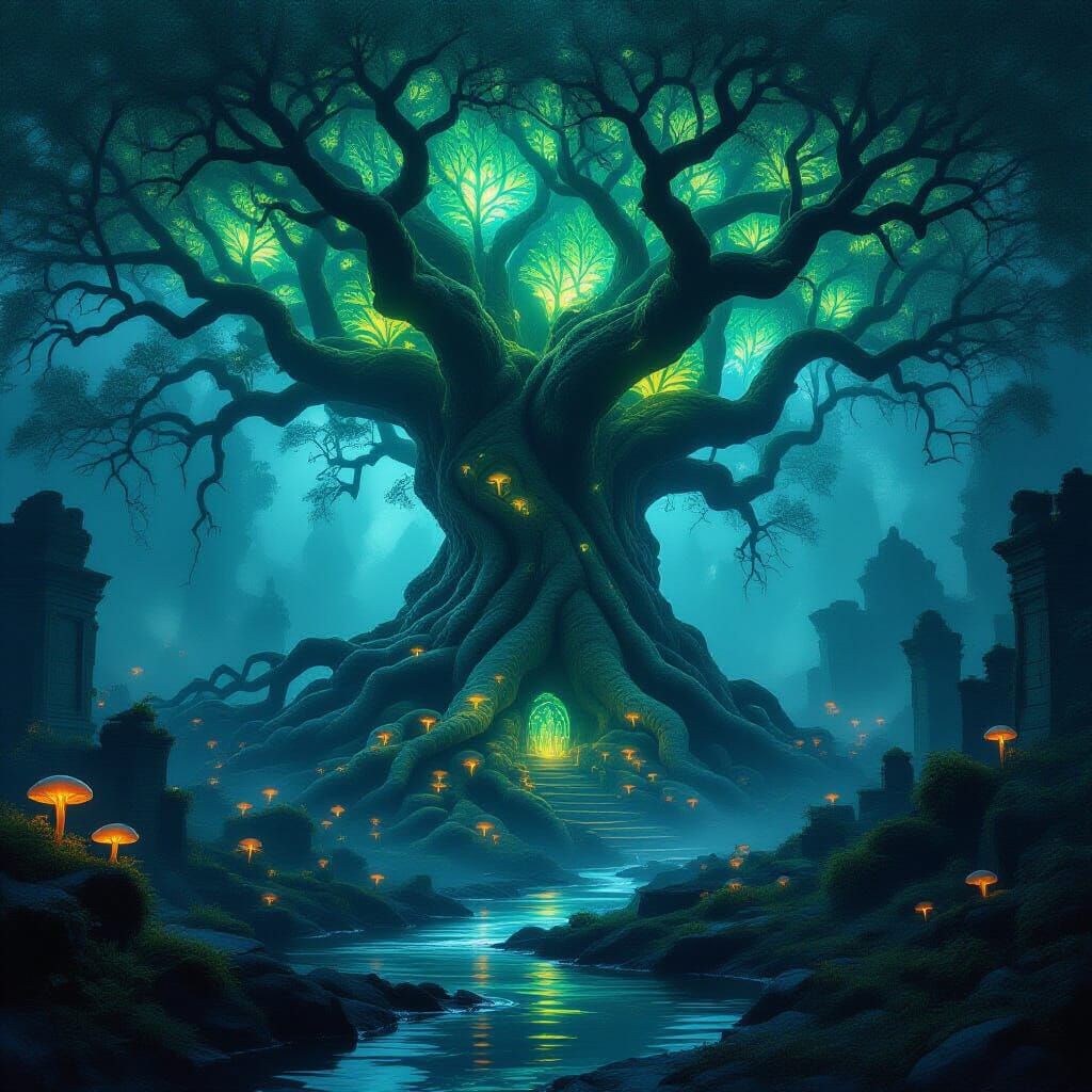 Ancient Bioluminescent Tree in Ethereal Forest Ruins