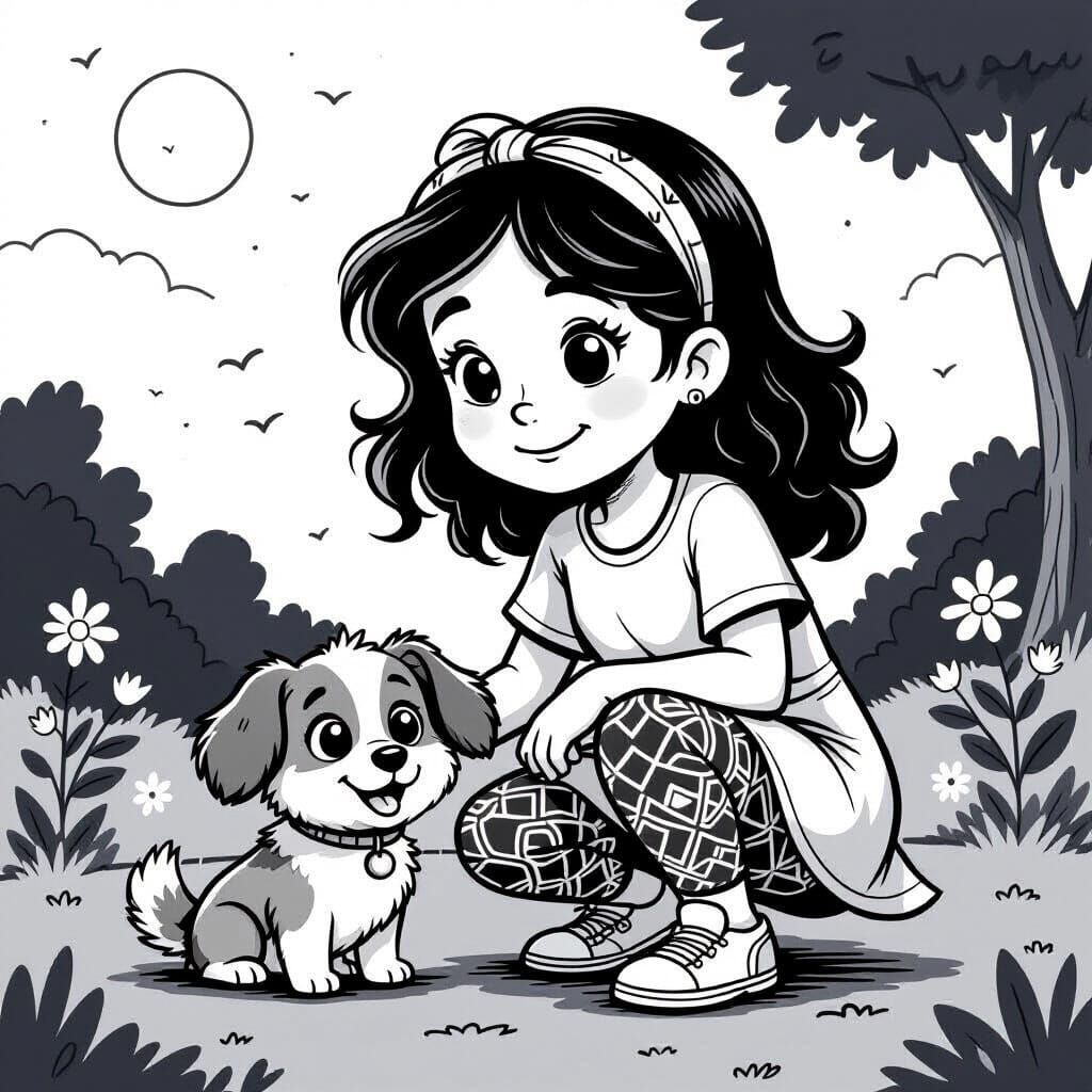 Girl and Dog Line Drawing for Children's Coloring Book