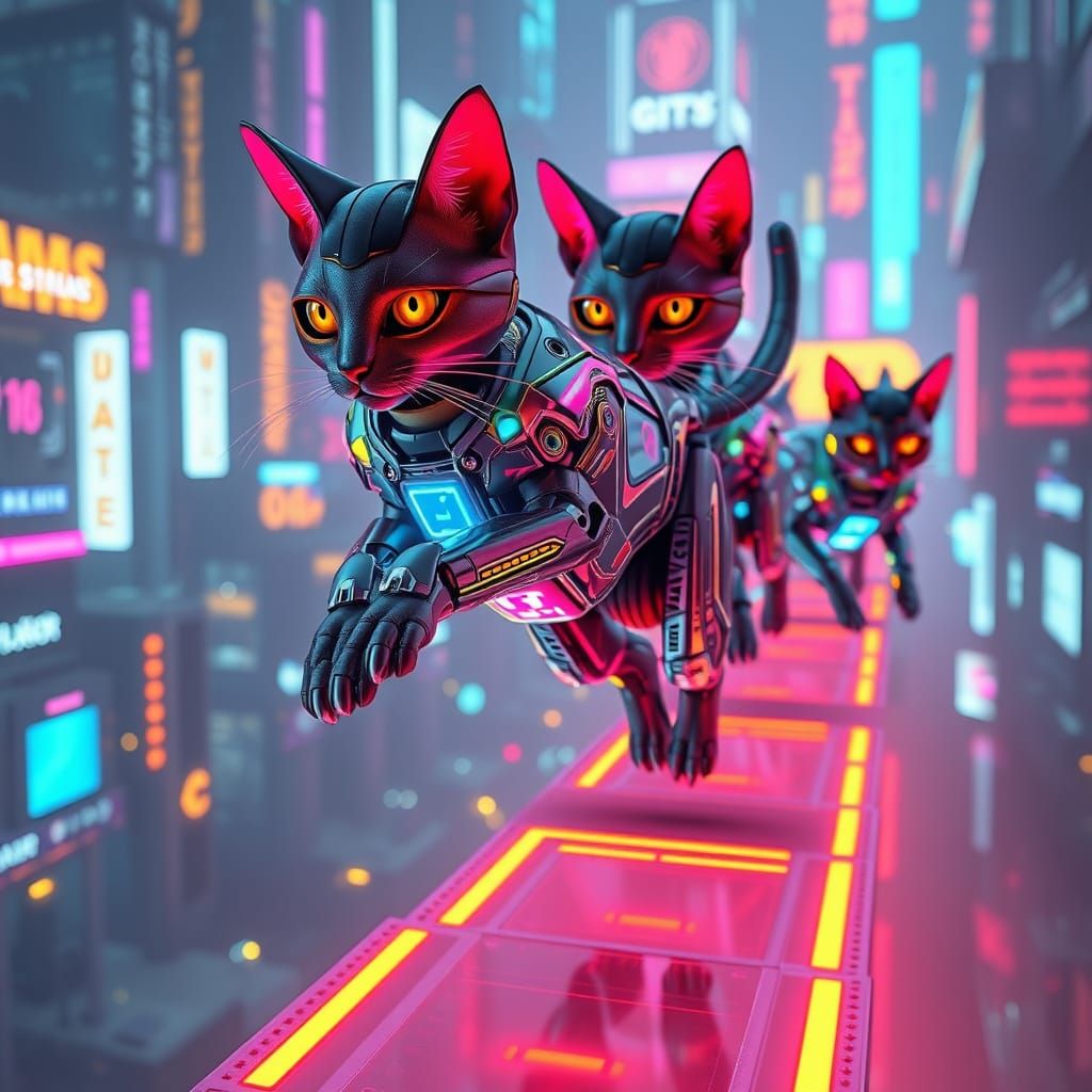 Cyberpunk Cats Leap Across Holographic Platforms
