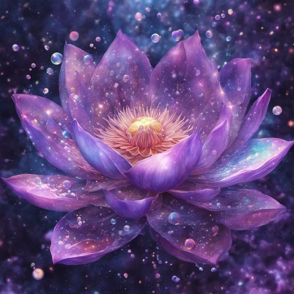 Ethereal Lotus with Glitter and Bubbles in Holographic Style