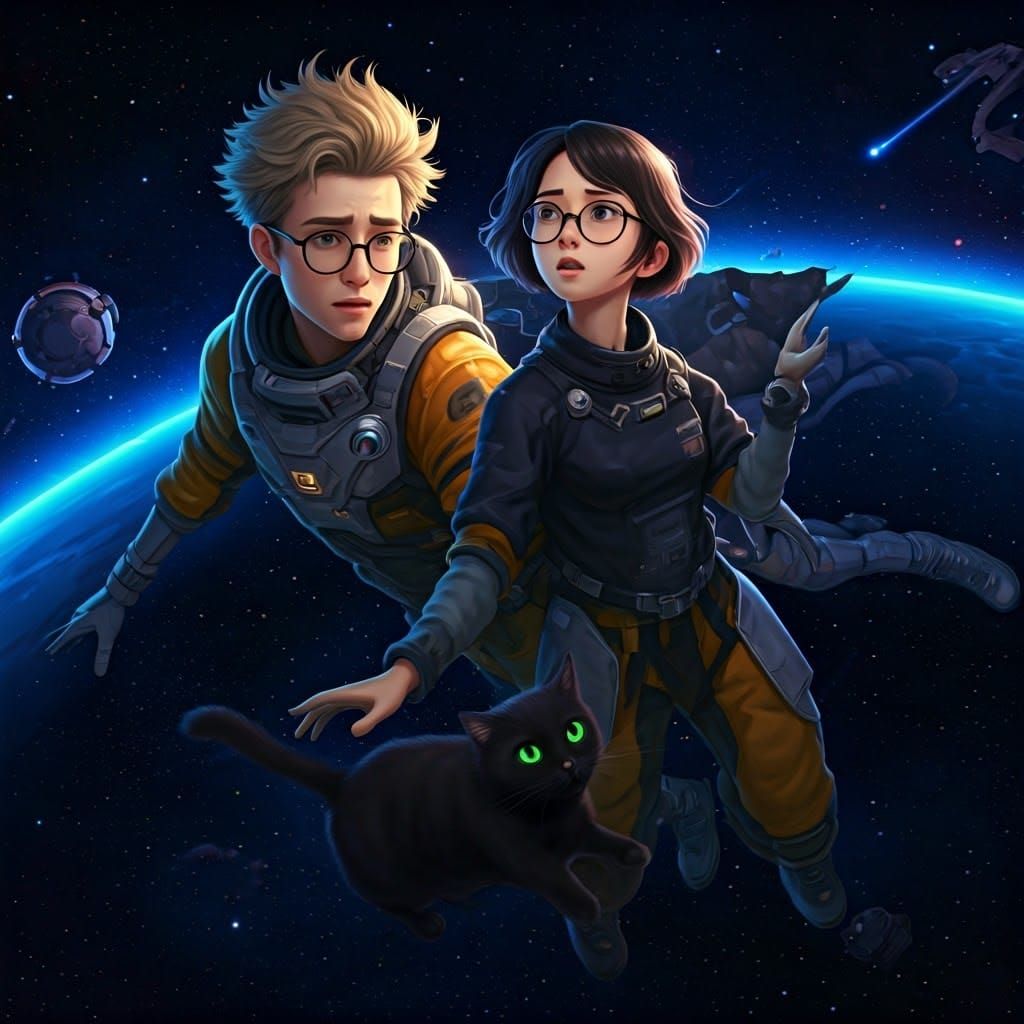 Couple in Space Searching for Black Cat: 3D Anime Art