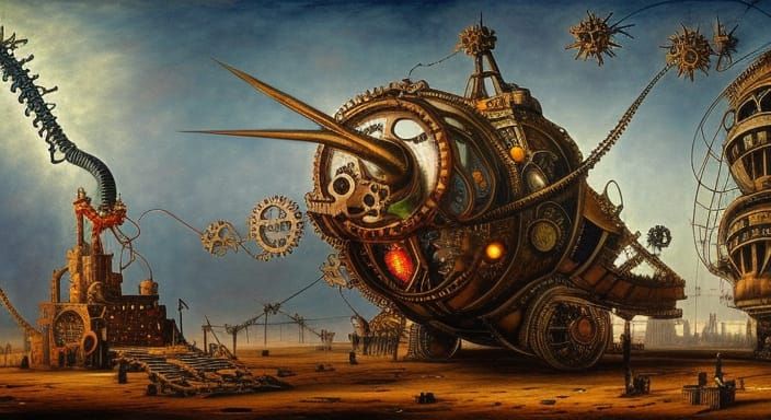 Steampunk Zombie Airship in Colorful Ink Painting