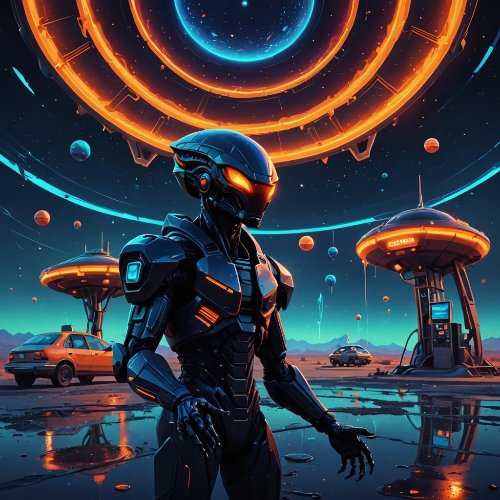 Low-Poly Sci-Fi Alien at Desert Petrol Station