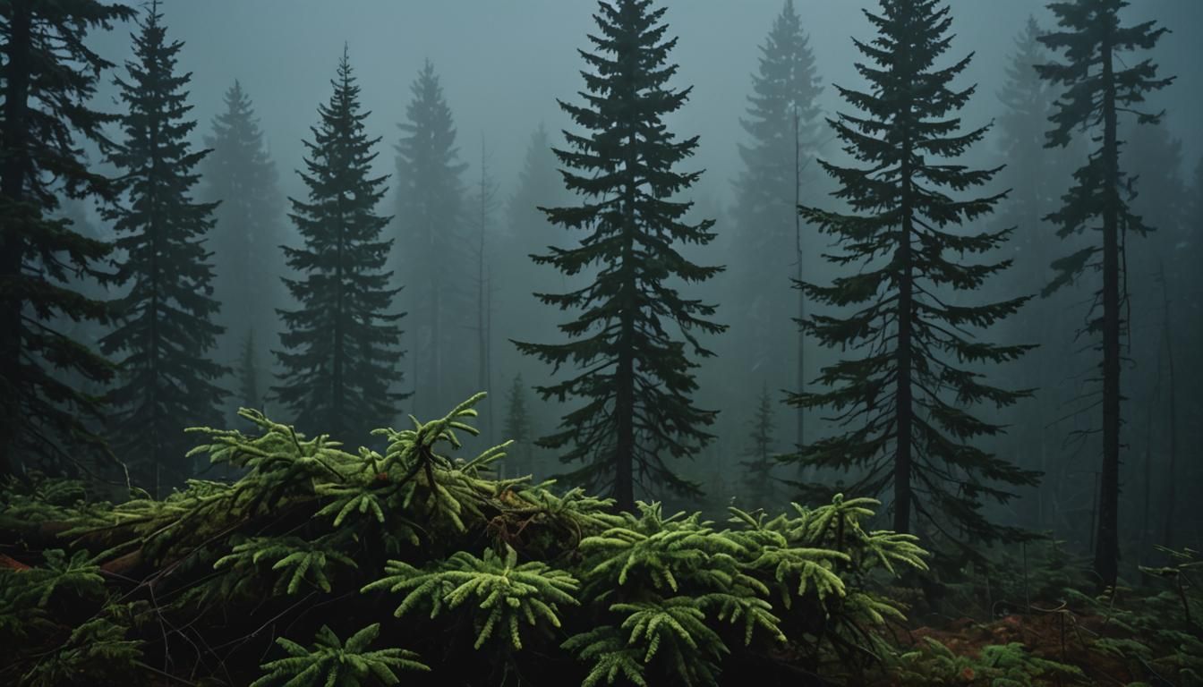 Enchanting Dark Spruce Forest in Strong Colors