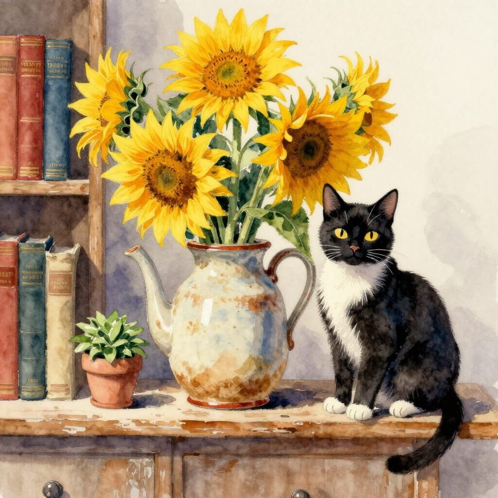 Watercolor Sunflowers in Teapot on Bookshelf with Cat
