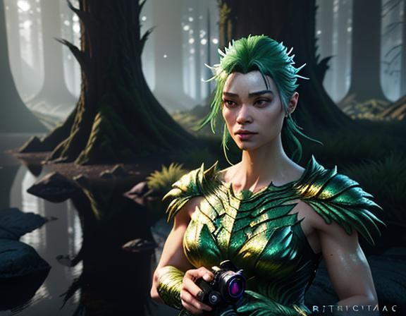 Female Amphiboid Gazing at Mystical Forest in 3D