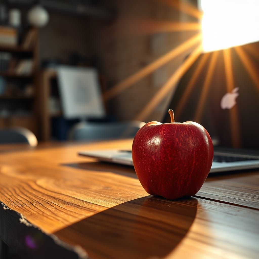 Sleek Still Life of Red Apple and MacBook in Warm Sunlight