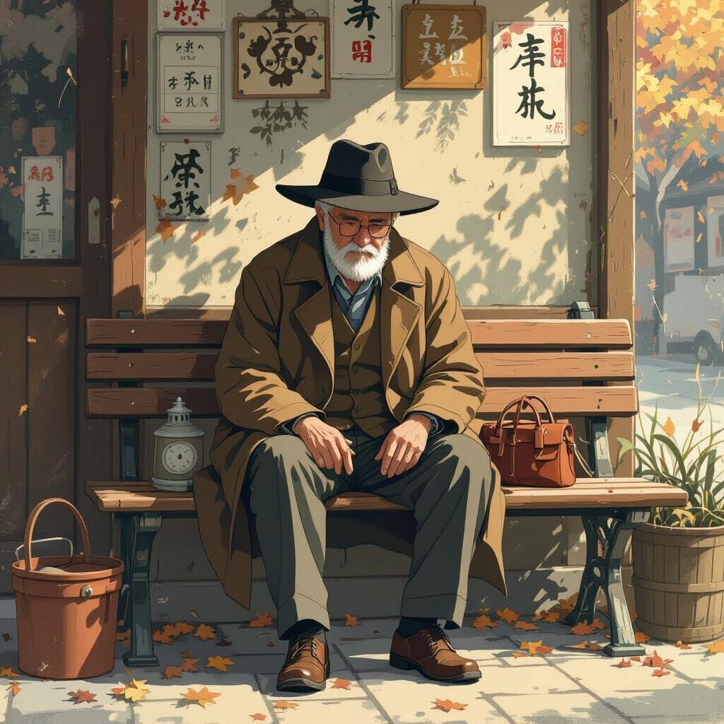 Melancholic Old Man on Bench in Anime Style